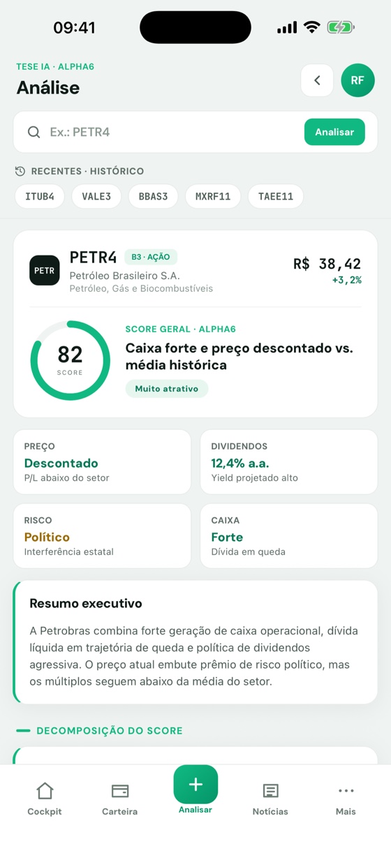 Tela de Análise no app, com Score Alpha6 e resumo executivo de PETR4