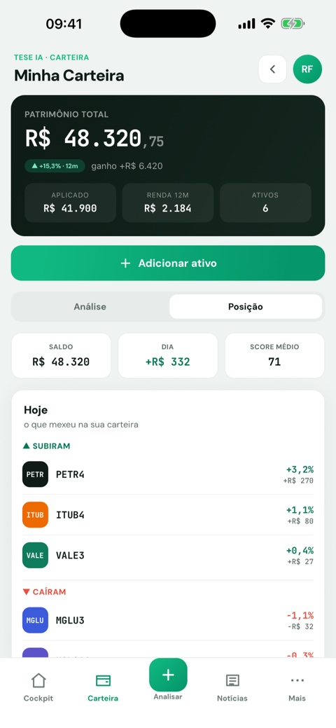Tela Minha Carteira no app, com patrimônio total e o que mexeu no dia