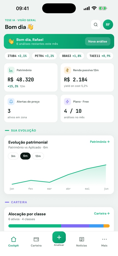Tela Visão Geral no app, com patrimônio, renda passiva e evolução